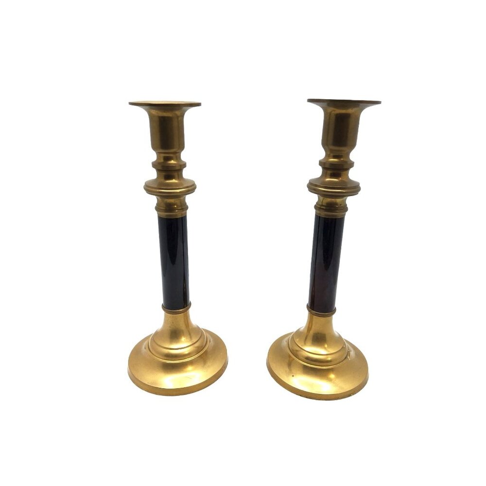 vintage 1970s pair of brass deep red smoke pattern made in taiwan candle holders